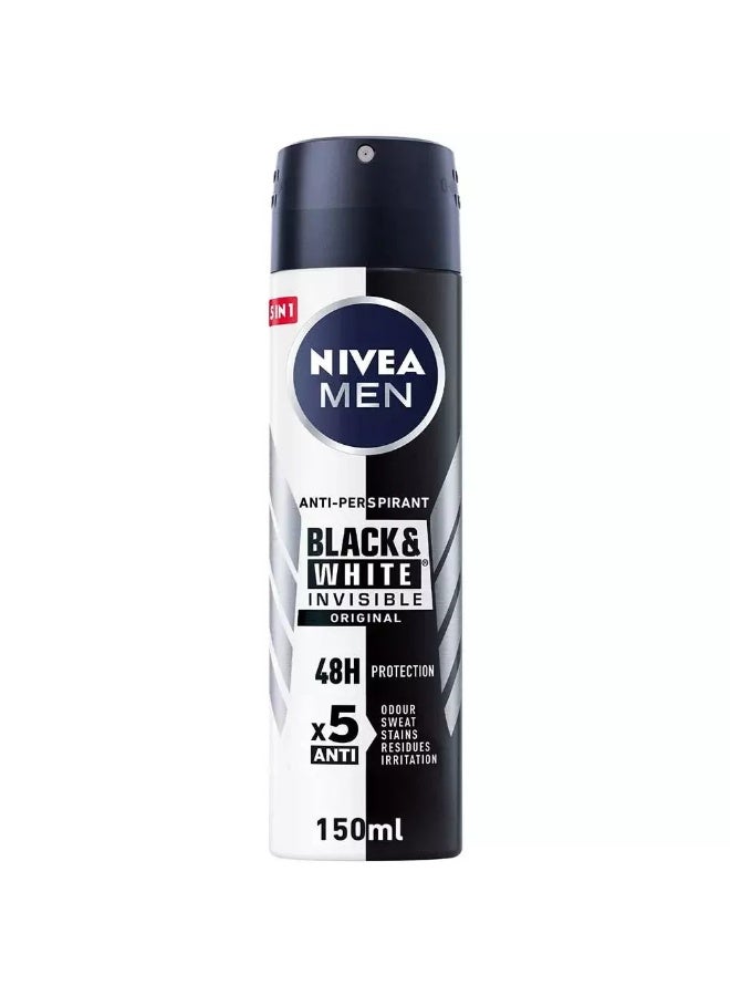 NIVEA MEN Black and White Invisible Original Deo Spray, Antiperspirant for Men, Spray 150ml - Image 1