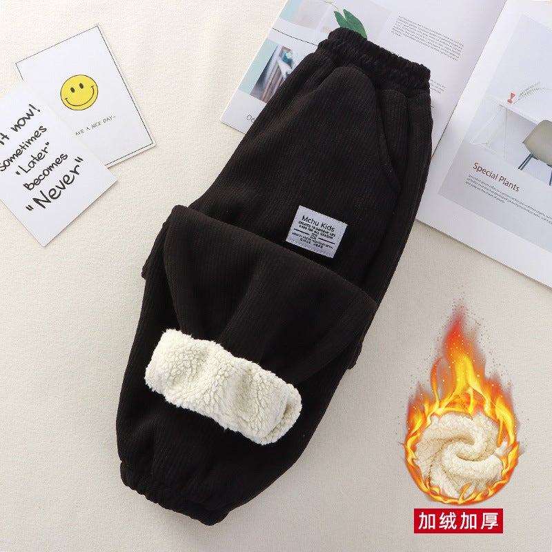 Children'S Large Children'S Fleece-Lined Pants Students Men'S And Women'S Baby Thickened Warm Casual Outer Wear Pants - Image 1