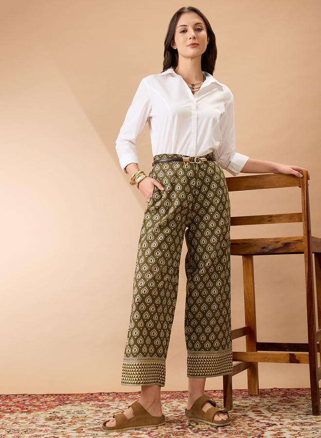 globus Olive Ethnic Print Mid-Rise Straight Fit Trousers - Image 1
