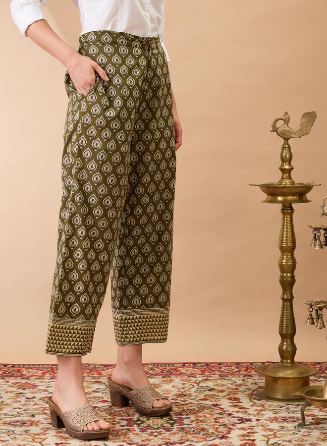 globus Olive Ethnic Print Mid-Rise Straight Fit Trousers - Image 3