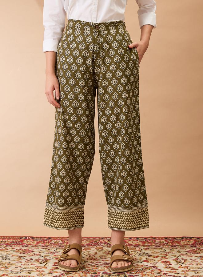 globus Olive Ethnic Print Mid-Rise Straight Fit Trousers - Image 2