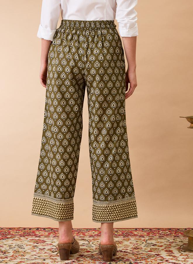 globus Olive Ethnic Print Mid-Rise Straight Fit Trousers - Image 5