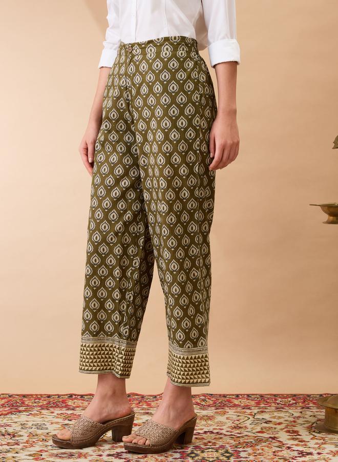 globus Olive Ethnic Print Mid-Rise Straight Fit Trousers - Image 4