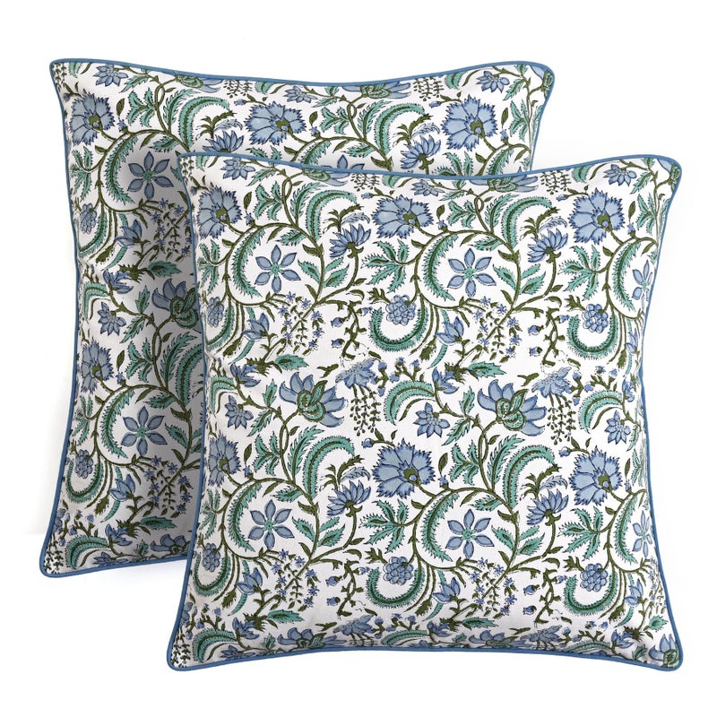 Ridhi Block Print Columbia Blue Pillow Cover 18 x 18 Pack of 2 Decorative Couch Pillows for Living Room Chic Boho Cute Outdoor Pillows Covers Gifts for Spring Easter and Valentine - Image 2