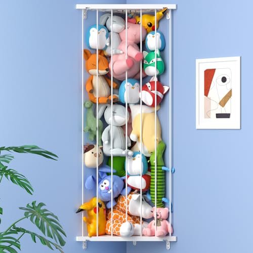 Stuffed Animal Storage Toy OrganizerPatented Corner Stuffed Animal Holder Length Adjustable Wall Hanging Stuffed Animal Net Plush Storage for Nursery Playroom Bedroom Kids Room DecroWhite