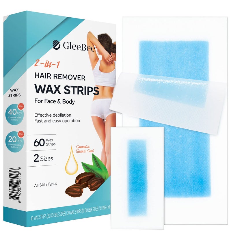 Gleebee Wax Strips 60 counts, Waxing Strips, for Hair Removal, kit including 40 Body trips and 20 Facial Removal Face, Arms, Legs, Underarms, Bikini, Bikini Women, Piece Assortment, 1 - Image 1