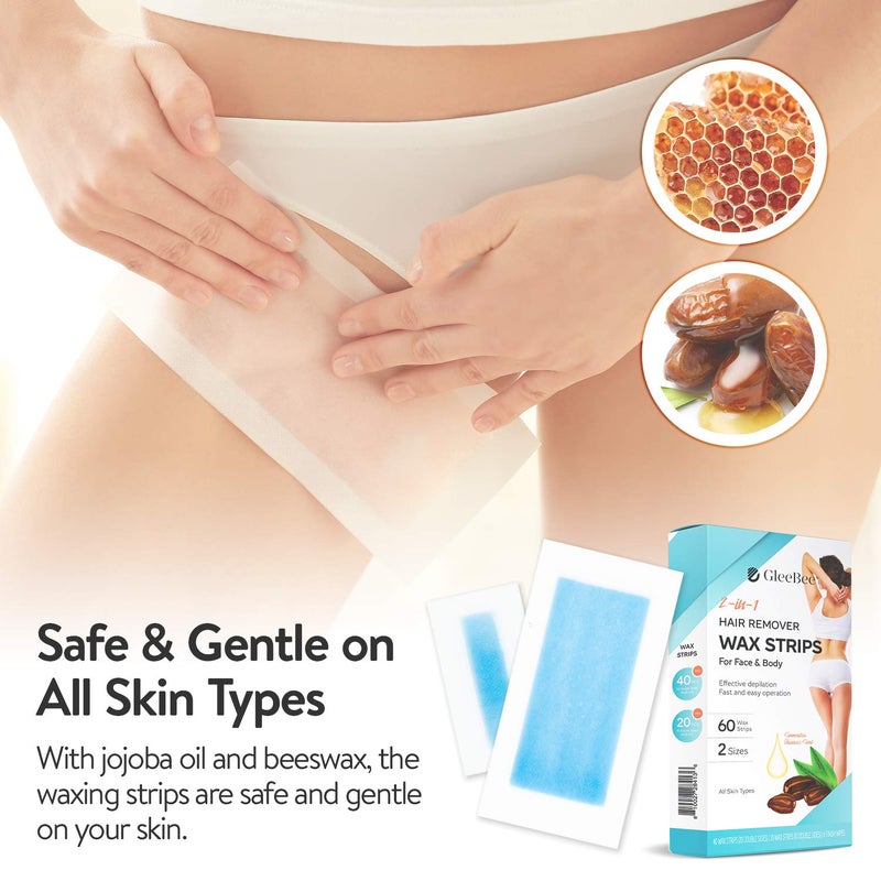 Gleebee Wax Strips 60 counts, Waxing Strips, for Hair Removal, kit including 40 Body trips and 20 Facial Removal Face, Arms, Legs, Underarms, Bikini, Bikini Women, Piece Assortment, 1 - Image 5