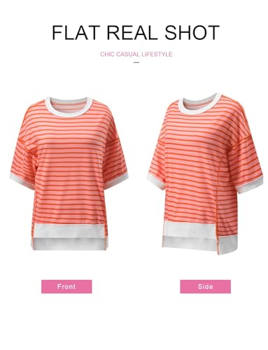 Shein SHEWIN Womens Summer Tops Casual Crewneck Short Sleeve Shirts Oversized Sweatshirt Lightweight Knit Tunic Top Loose T Shirts for Women 2025 Fall Clothes Orange Stripe M - Image 5