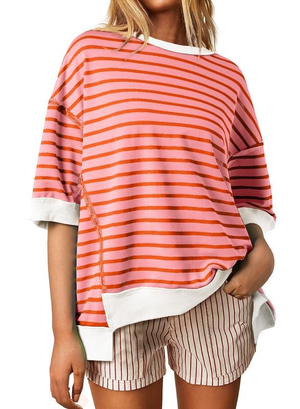 Shein SHEWIN Womens Summer Tops Casual Crewneck Short Sleeve Shirts Oversized Sweatshirt Lightweight Knit Tunic Top Loose T Shirts for Women 2025 Fall Clothes Orange Stripe M - Image 4
