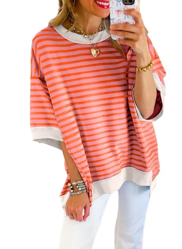 Shein SHEWIN Womens Summer Tops Casual Crewneck Short Sleeve Shirts Oversized Sweatshirt Lightweight Knit Tunic Top Loose T Shirts for Women 2025 Fall Clothes Orange Stripe M - Image 2