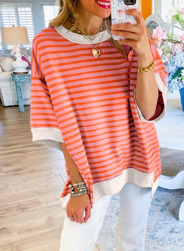 Shein SHEWIN Womens Summer Tops Casual Crewneck Short Sleeve Shirts Oversized Sweatshirt Lightweight Knit Tunic Top Loose T Shirts for Women 2025 Fall Clothes Orange Stripe M - Image 3