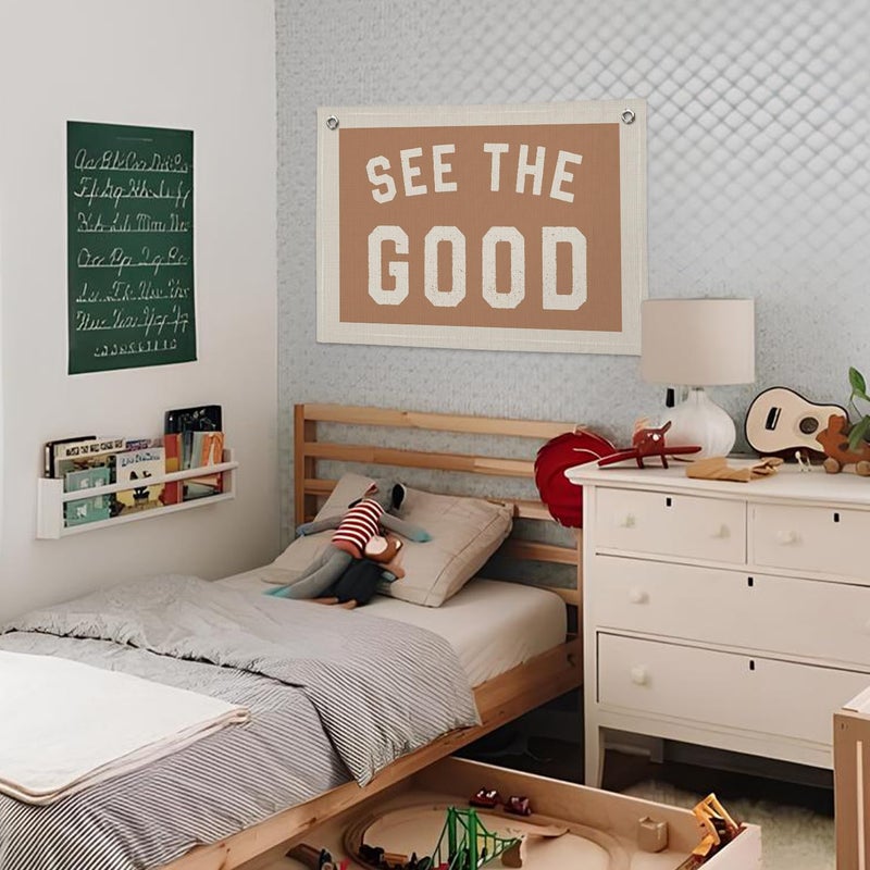 Wheatwin See The Good Wall Decor, Inspirational Wall Decor, Boho Accent Vintage See The Good Sign Linen Banner Wall Hanging Banner Flag, Accent Wall Decor - Image 2