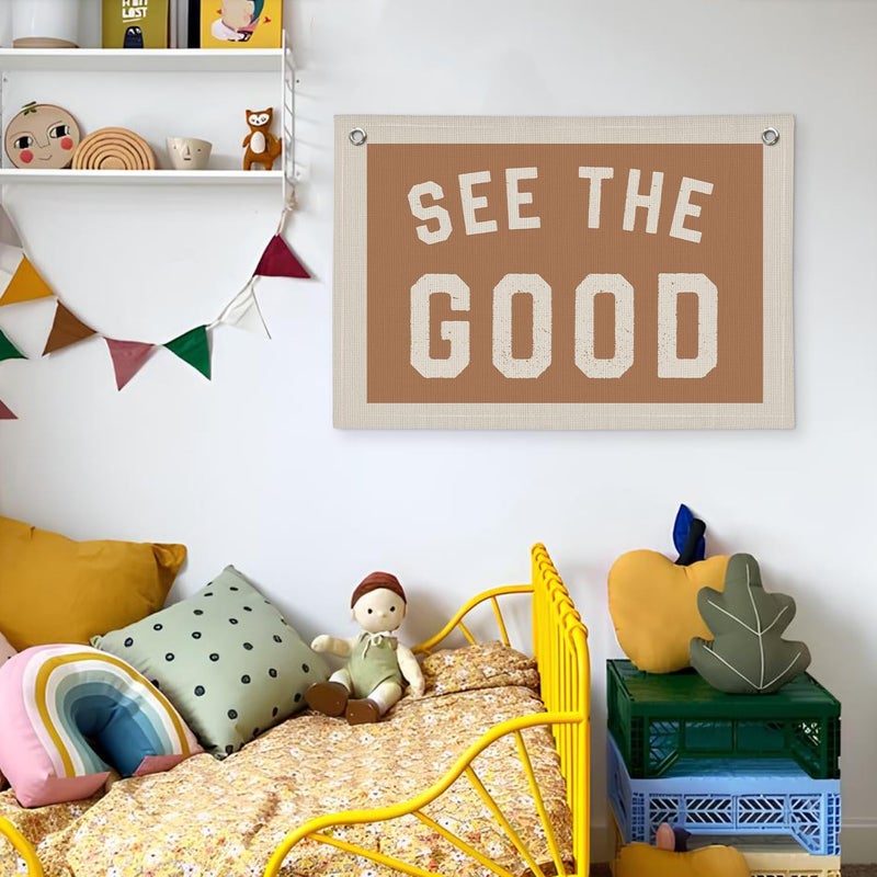 Wheatwin See The Good Wall Decor, Inspirational Wall Decor, Boho Accent Vintage See The Good Sign Linen Banner Wall Hanging Banner Flag, Accent Wall Decor - Image 5