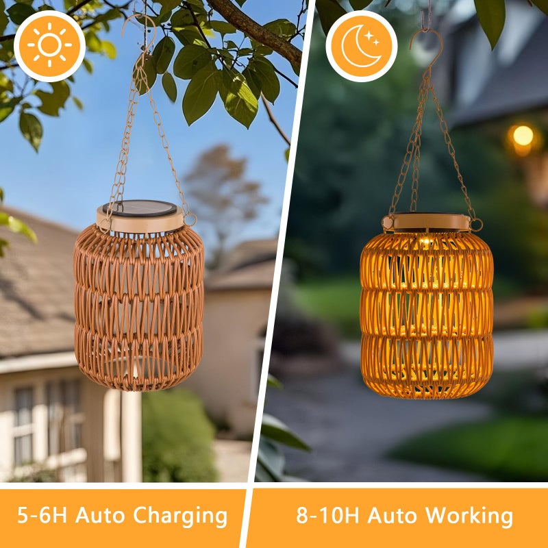 ALL FORTUNE Solar Outdoor Lanterns Waterproof, Hanging Rattan Lantern Lights for Outside, Solar lamp Outdoor Chandelier Idea for Gazebo Pergola Porch Patio Pathway Decor (2) - Image 2