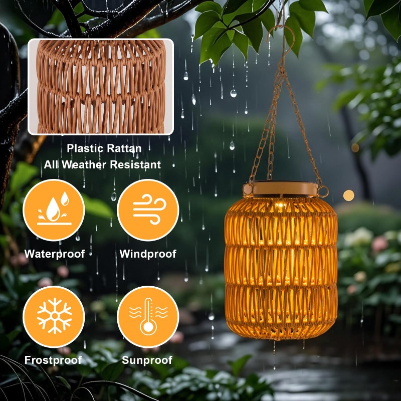ALL FORTUNE Solar Outdoor Lanterns Waterproof, Hanging Rattan Lantern Lights for Outside, Solar lamp Outdoor Chandelier Idea for Gazebo Pergola Porch Patio Pathway Decor (2) - Image 4