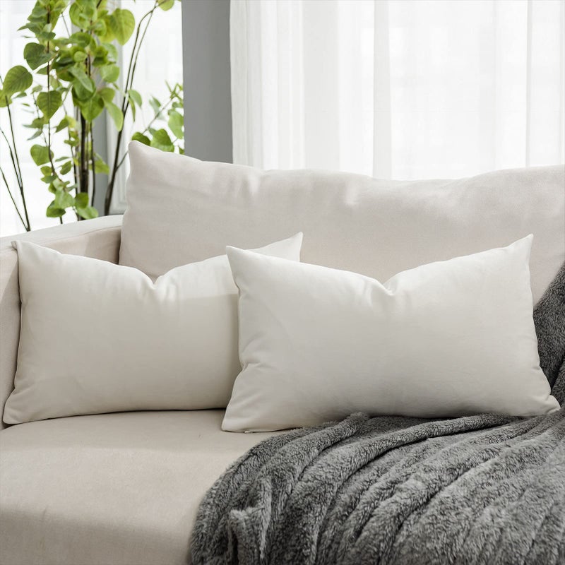 QUAFOO Cream White Soft Lumbar Velvet Throw Pillow Covers 16x24 inch Set of 2 for Sofa Couch Bed Living Room Decorative Luxury Solid Rectangle Cushion Covers Case with Zipper