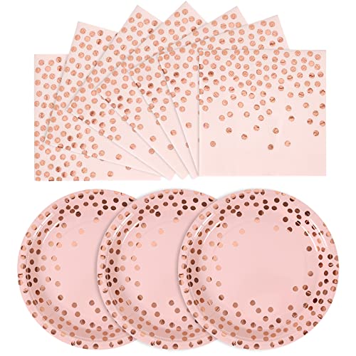 CENLBJ Pink and Rose Gold Paper Plates- 100 Pack- 50 x 7 Dessert Plates & 50 x 6.5 Napkins, Pink Paper Plate and Napkins Party Supplies for Baby Showers, Birthdays and All Occasions - Image 1
