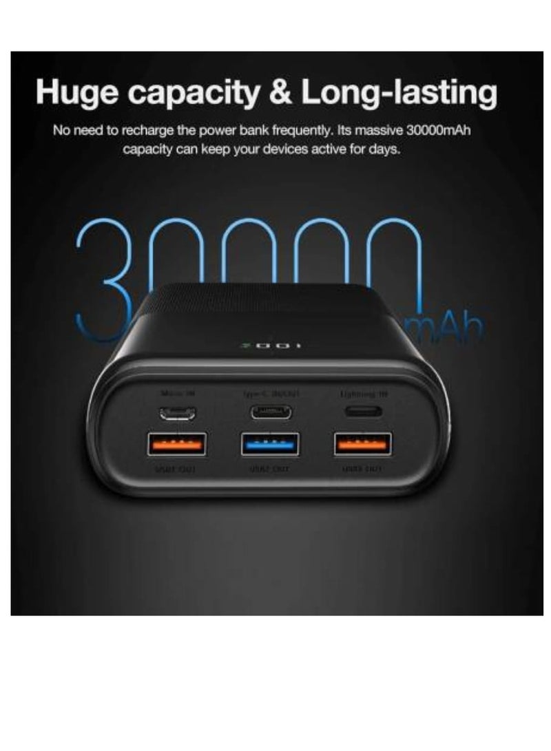 VEGER 30000mAh Power Bank 22.5W Large Battery Capacity Power Bank with LED Display Multi Input & Output to Charge All Devices Black - Image 4