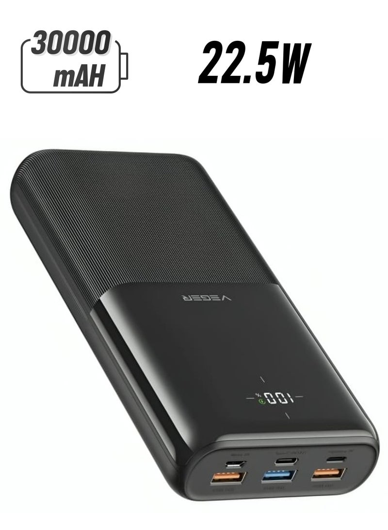 VEGER 30000mAh Power Bank 22.5W Large Battery Capacity Power Bank with LED Display Multi Input & Output to Charge All Devices Black - Image 1