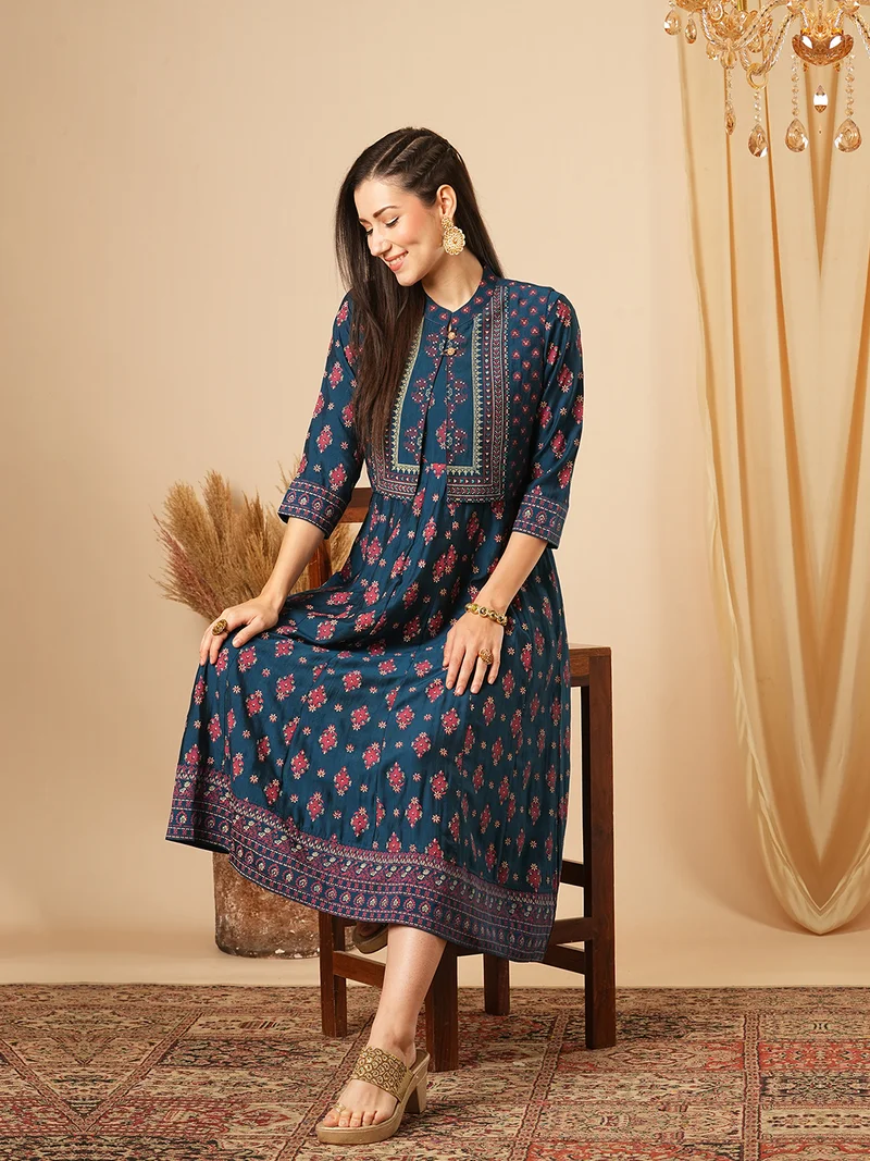 جلو باص Women A-Line Ethnic Motifs Printed Midi Ethnic Dress With Sleeveless Detachable Shrug