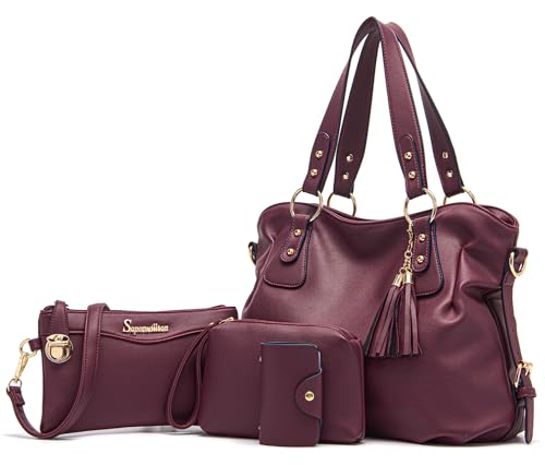 Soperwillton Fashion Handbag for Women Shoulder Bag Top Handle Satchel Hobo Tote Bag Purse Set 4pcs - Image 1