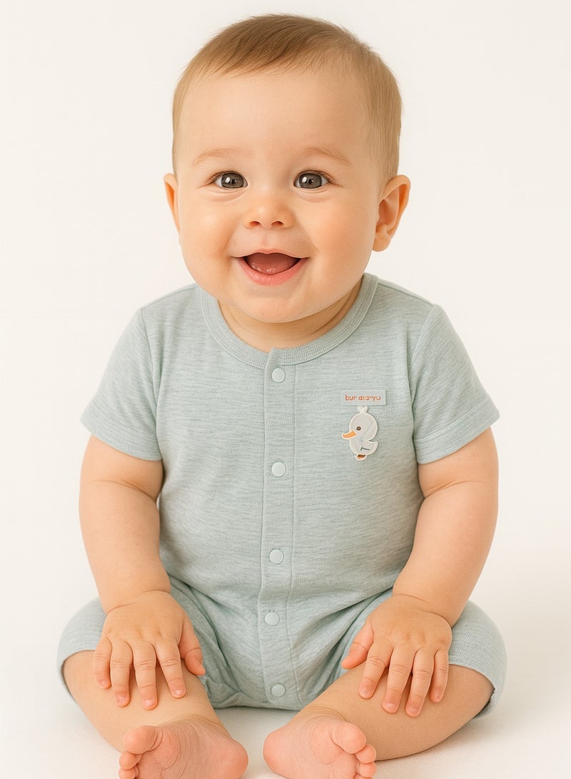 Baby Half-Sleeve Romper - Cotton Blend Lightweight Bodysuit with Duck Pendant, Front Snap Closure - For 3-18 Months - Image 1