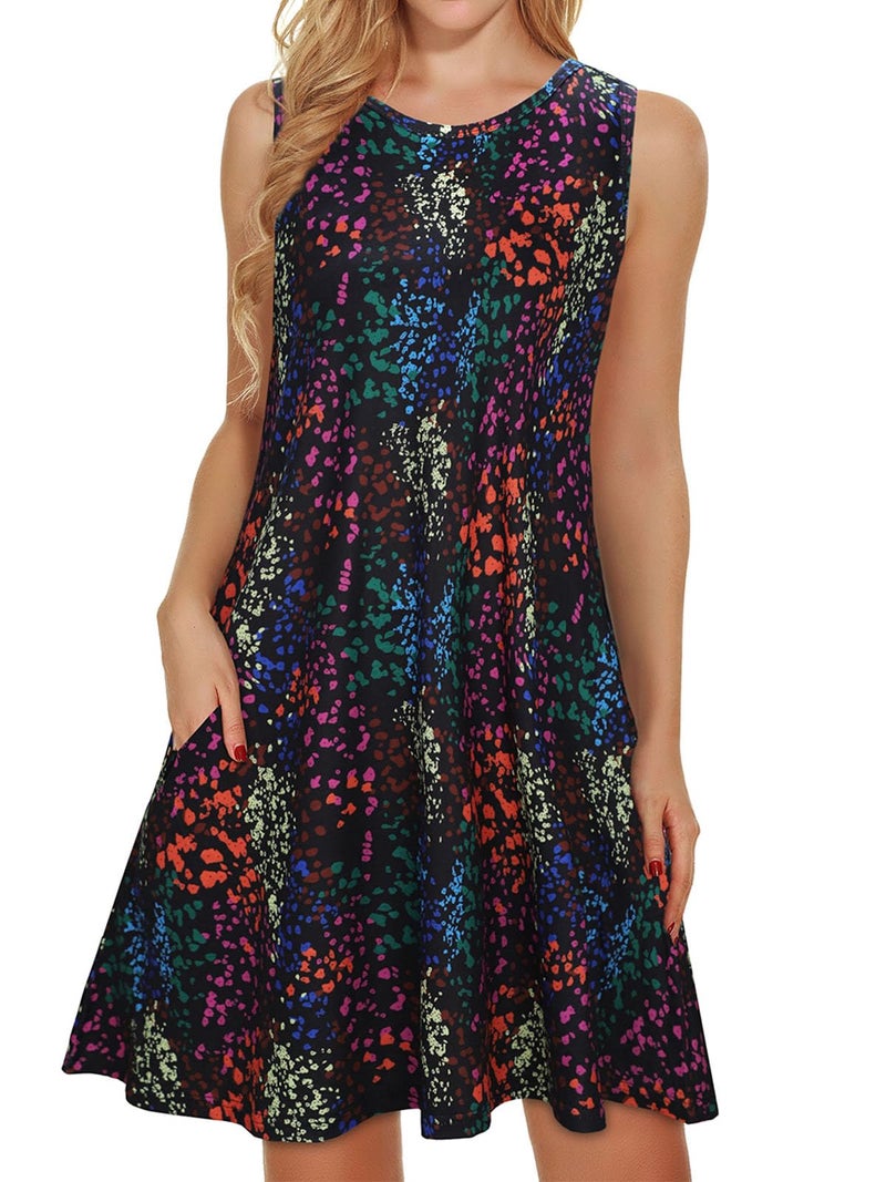 elescat Summer Dresses for Women Beach Floral Tshirt Sundress Sleeveless Pockets Casual Loose Tank Dress(Black Colorful,L) - Image 1