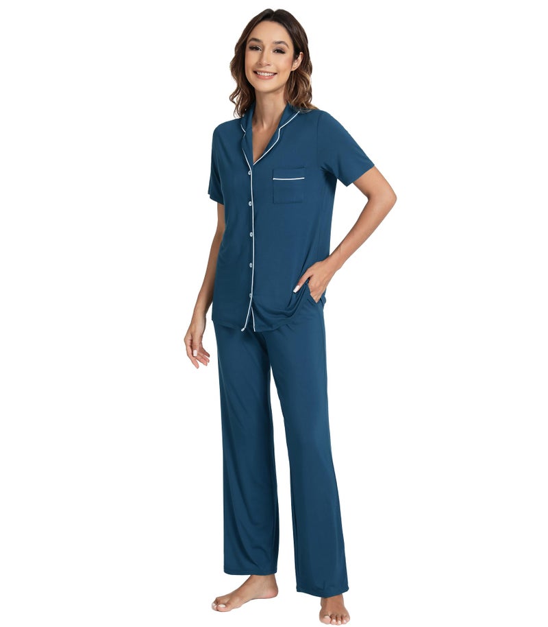 WiWi Womens Viscose from Bamboo Pajamas Set Softest Short Sleeve Tops with Pockets Pants Button Down Cooling Sleepwear S3X Peacock Blue Small - Image 2