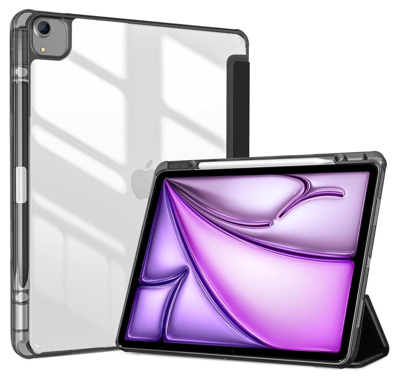 T I G O iPad Air 13 2024 M2 & iPad Pro 12.9 6th/5th/4th/3rd Case, 2024 iPad Air 13 Case, 13 iPad Air 2024 Case with Acrylic clear Transparent Back, Shockproof TPU Edge, Pencil Holder Cover Black - Image 1