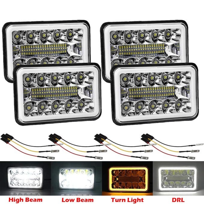 4 Pcs Dot Approved 4X6 Inch Halo Headlights Replacement H4651 H4652 H4656 H4666 H6545 Compatible With Peterbilt Kenworth Freightinger Ford Probe