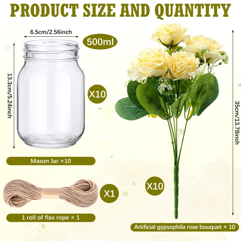 XunYee 10 Set Mason Jar Table Centerpiece with Flower Mason Jar Flower Centerpiece Vases Decor for Engagement Party Bridal Shower Centerpieces Wedding Reception Table Decor(Gypsophila Rose) - Image 2
