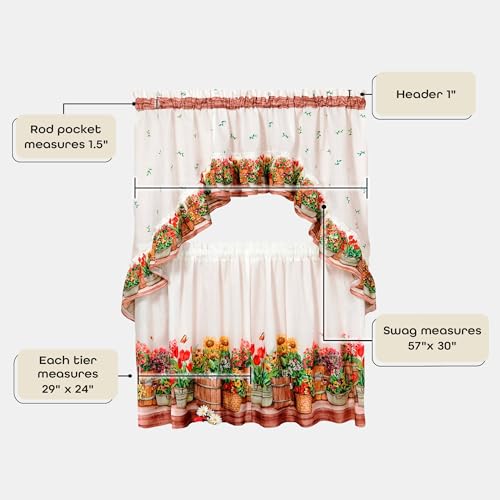 Achim Light Filtering Printed Tier & Swag Window Curtain Set - 24 Inch Length, 57 Inch Width - Country Garden - Machine Washable Polyester Drape for Kitchen, Living, & Dining Room by Achim Home Decor - Image 5