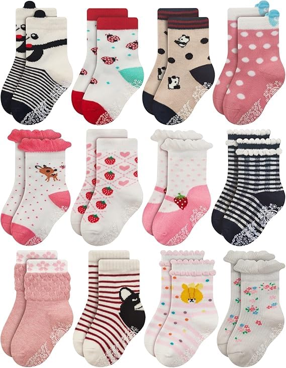 CUTEABLY Non-Skid Cotton Crew Socks, Assorted Print, for Baby Toddler Boys Girls, Pack of 3 (IN, Age, 6 Months, 12 Months, 3, Girl) - Image 1