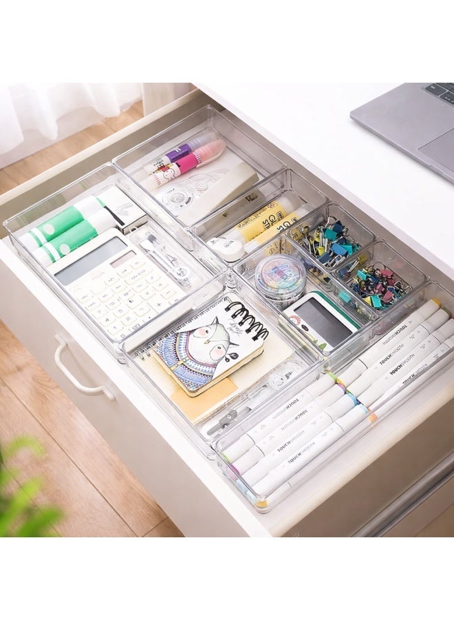 7 PCS Clear Plastic Drawer Organizers Set, Multipurpose Kitchen, Bathroom & Office Drawer Organizer Trays, Storage Bins for Makeup, Jewelry, Kitchen Utensils & Office Supplies, 4 Sizes - Image 1