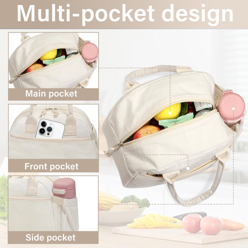 Carry bloom Lunch Box for Women, Insulated Lunch Bag Cute Corduroy Lunchbag Reusable Lunchbox for Work (1 green white stripes) - Image 5