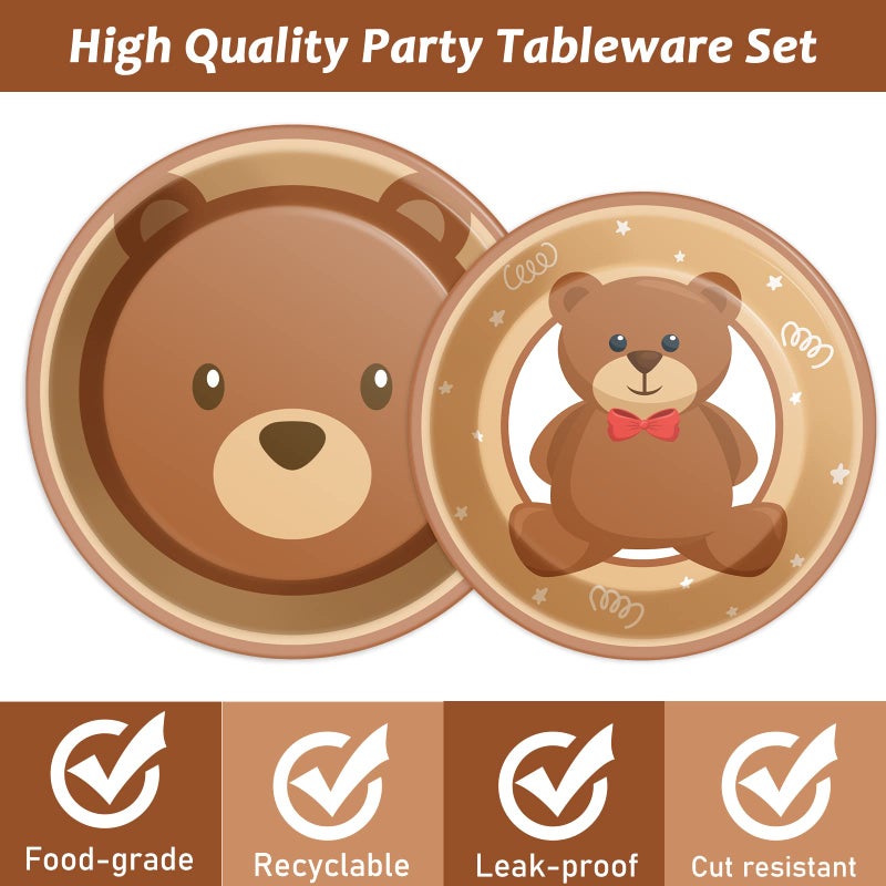 Tevxj 96 قطعة أطباق حفلة استحمام الأطفال بتصميم دببة زينة ننتظر بفارغ الصبر أدوات المائدة للأطفال بتصميم دببة أطباق حلوى دببة مناديل لوازم للكشف عن الجنس ولد بنت حفلة استحمام عيد ميلاد خدمة 24 - Image 3