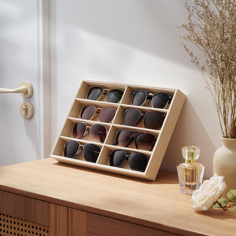 pickpiff Drawer Sunglass Organizer & Display Tray: 1 Pcs 8 Grids Velvet Scratch-Free Eyeglasses Case (13.8x9.4x1.6inch) - Soft Beige Glasses Storage Holder Box for Men & Women - Image 3