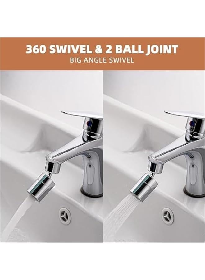 هوكور اي بين مهوية صنبور حوض المطبخ بزاوية 360 درجة، رأس صنبور دوار مزدوج الوظائف من النحاس الصلب 2 راس، ملحق صنبور مطبخ بزاوية كبيرة، جزء بديل للصنبور، كروم - Image 3