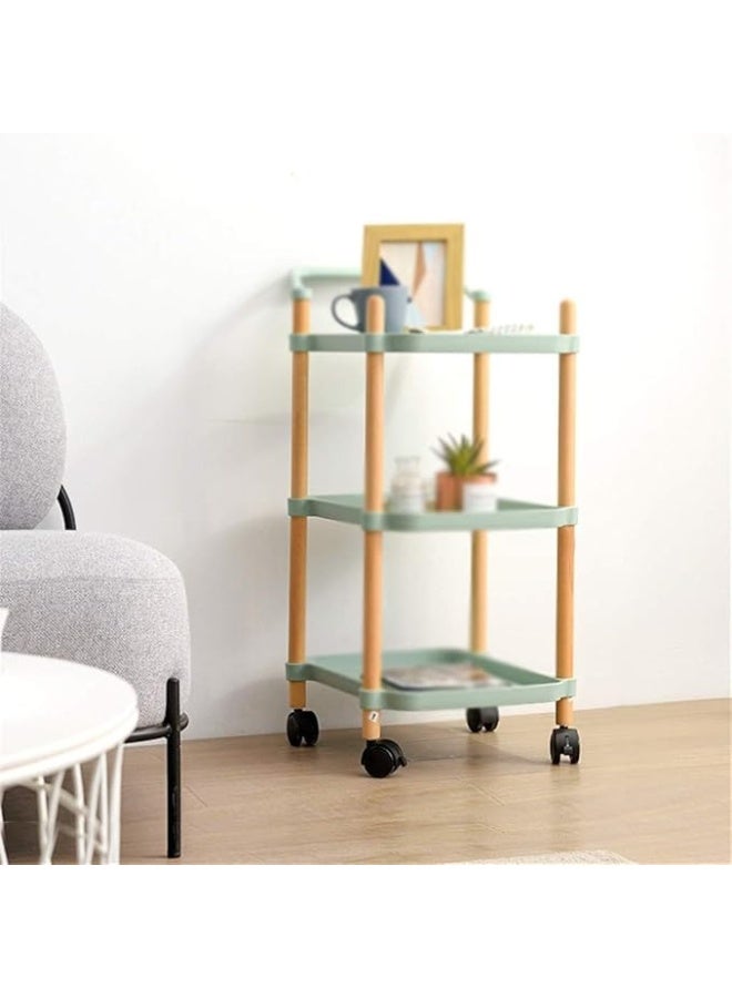 Foyer Rack Plastic Utility Cart with Wheels and Handle – 3-Tier Storage Trolley with Wooden Legs, Rolling Serving Cart for Bedroom, Hotel, Restaurant, Cafe, and Beauty Salon (Multicolor) - Image 1