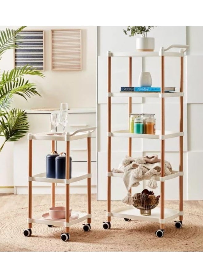 Foyer Rack Plastic Utility Cart with Wheels and Handle – 3-Tier Storage Trolley with Wooden Legs, Rolling Serving Cart for Bedroom, Hotel, Restaurant, Cafe, and Beauty Salon (Multicolor) - Image 2