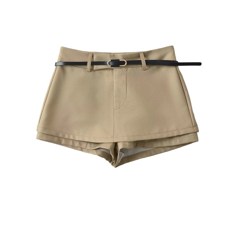 American Style Retro High Waist Fake Two-Piece Culottes Womens Summer 2024 New High Waist Anti-Light Strip Underwear A- Line Skirt Khaki - Image 1