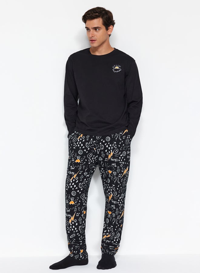 trendyol Black Knitted Pajamas Set with Embroidery Detail  100% Cotton - Image 1