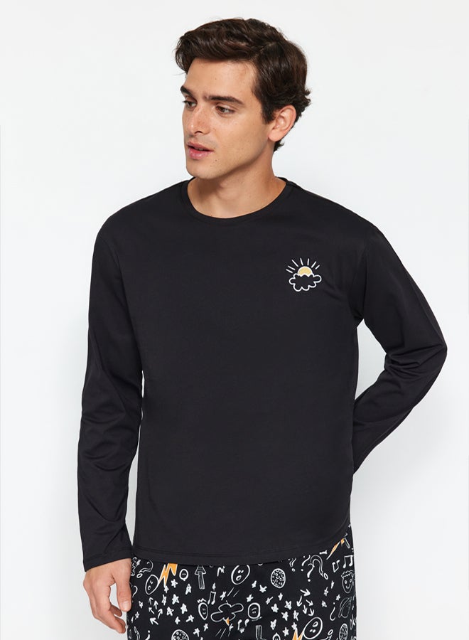 trendyol Black Knitted Pajamas Set with Embroidery Detail  100% Cotton - Image 3