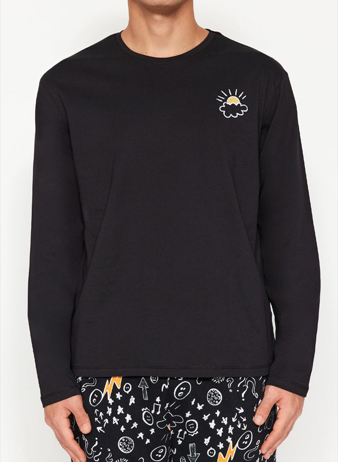 trendyol Black Knitted Pajamas Set with Embroidery Detail  100% Cotton - Image 4