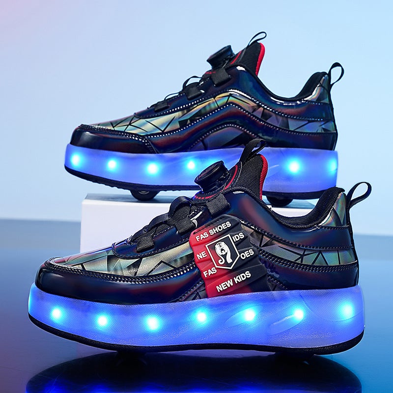 Generic Cross-border Trade Runaway Shoes Boys Luminous Shoes Pulley Skates Shrinkable Walking Skate Invisible Variant 801 black four-wheel belt lamp 