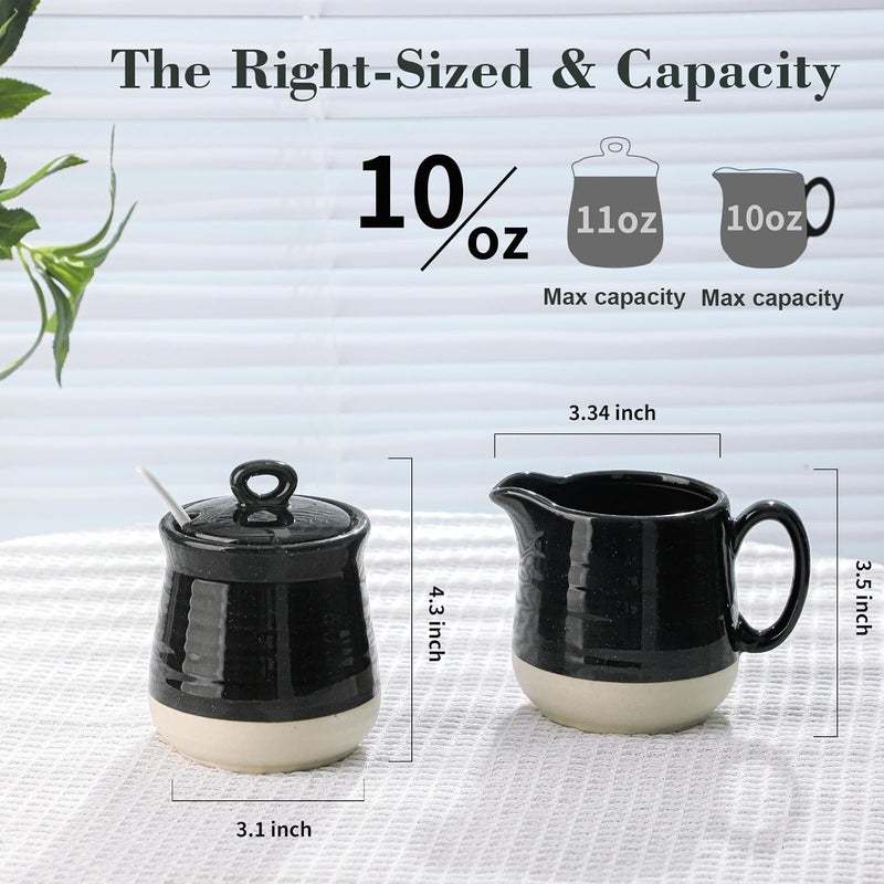 Hasense Sugar and Creamer Set, 3 Piece Porcelain Coffee Serving Set with Cream Pitcher, Sugar Bowl, Lid & Spoon, 10 Ounce Creamer Container and Sugar Pot, Farmhouse Decor (Black) - Image 3