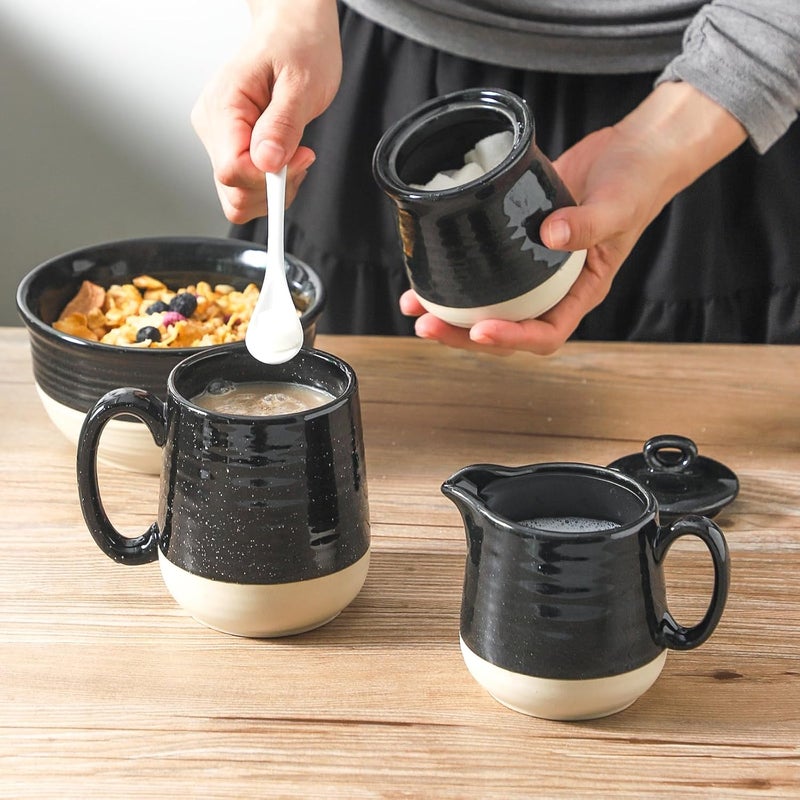 Hasense Sugar and Creamer Set, 3 Piece Porcelain Coffee Serving Set with Cream Pitcher, Sugar Bowl, Lid & Spoon, 10 Ounce Creamer Container and Sugar Pot, Farmhouse Decor (Black) - Image 5