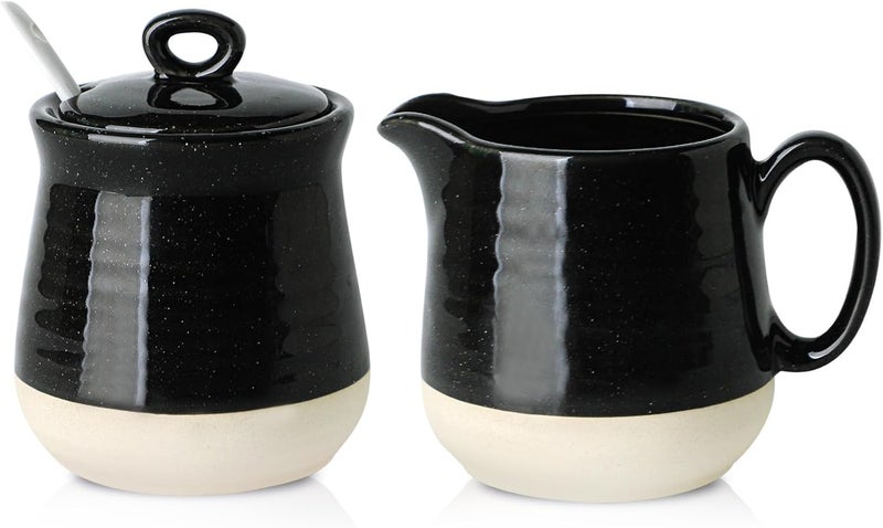 Hasense Sugar and Creamer Set, 3 Piece Porcelain Coffee Serving Set with Cream Pitcher, Sugar Bowl, Lid & Spoon, 10 Ounce Creamer Container and Sugar Pot, Farmhouse Decor (Black) - Image 1