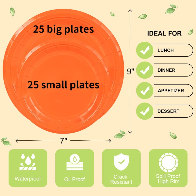 LANLISA 50 Orange Paper Plates Disposable Set Includes 25-9" & 25-7" Disposable Dessert Cake Paper Plates for Party Supplies - Image 5