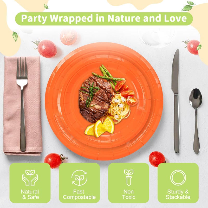 LANLISA 50 Orange Paper Plates Disposable Set Includes 25-9" & 25-7" Disposable Dessert Cake Paper Plates for Party Supplies - Image 3